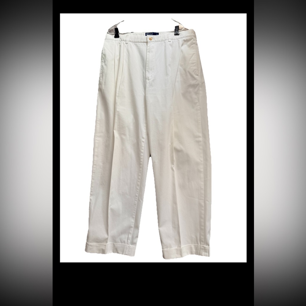 RALPH LAUREN POLO Men’s Cotton Twill  Pleated Cuffed Trousers Ivory 36/30